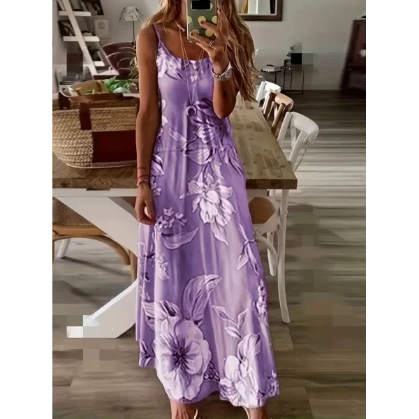 Kadın Askılı Yuvarlak Yaka Etek Geniş Kesim Desenli Süprem Elbise