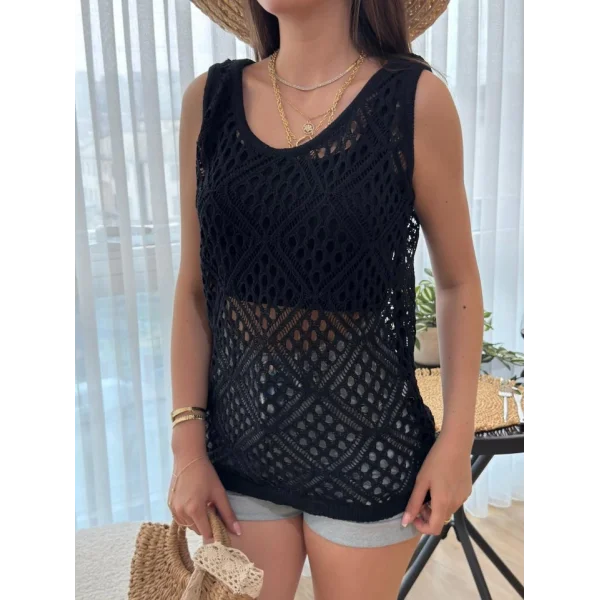 Kadın Askılı Yuvarlak Yaka Geometrik Desenli Triko Bluz