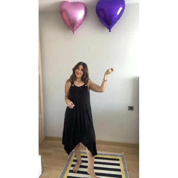 Kadın Askılı Yuvarlak Yaka Kuş Gözü Detaylı Asimetrik Viskon Elbise