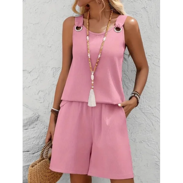 Kadın Askılı Yuvarlak Yaka Kuş Gözü Detaylı Bürümcük Bluz Ve Short Ikili Takım