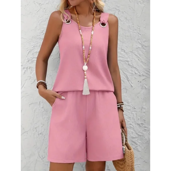 Kadın Askılı Yuvarlak Yaka Kuş Gözü Detaylı Bürümcük Bluz Ve Short Ikili Takım