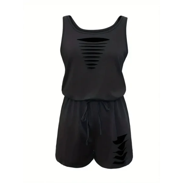 Kadın Askılı Yuvarlak Yaka Lazer Kesim Detaylı Bağcıklı Kısa Viskon Tulum