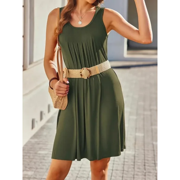 Kadın Askılı Yuvarlak Yaka önden Pileli Cep Detay Viskon Midi Elbise