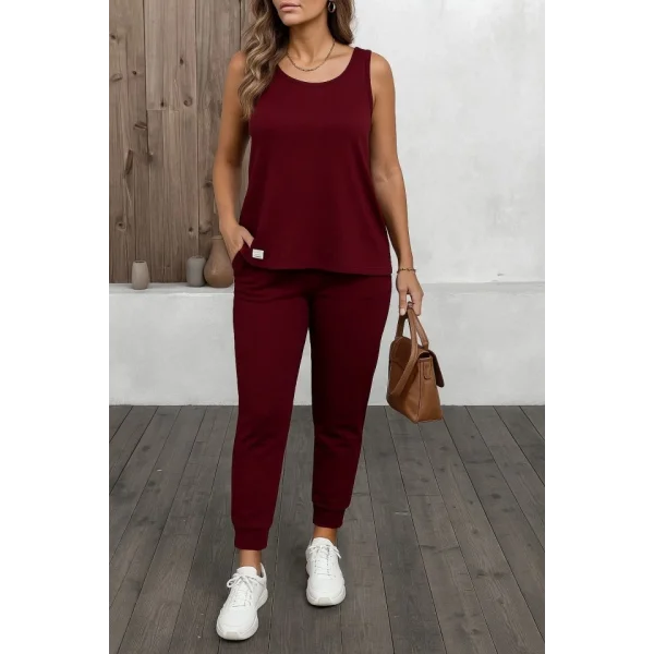 Kadın Askılı Yuvarlak Yaka Viskon Iki Iplik Bluz Ve Eşofman Altı Ikili Takım