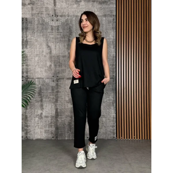 Kadın Askılı Yuvarlak Yaka Viskon Iki Iplik Bluz Ve Eşofman Altı Ikili Takım