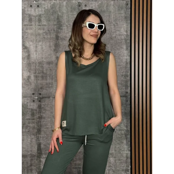 Kadın Askılı Yuvarlak Yaka Viskon Iki Iplik Bluz Ve Eşofman Altı Ikili Takım