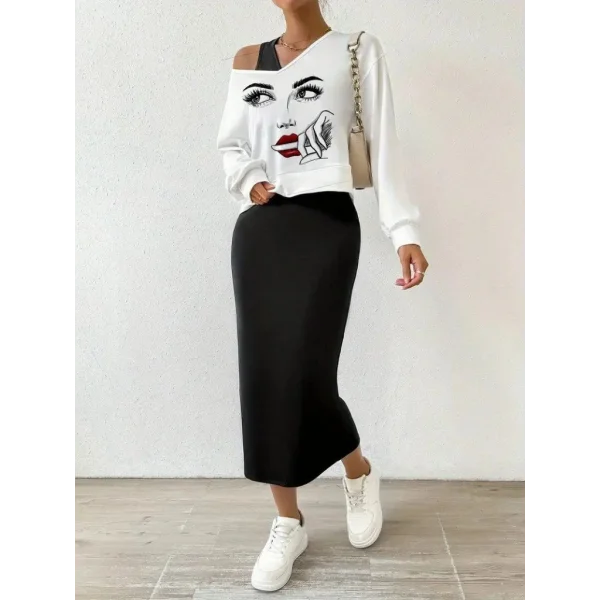 Kadın Askılı Yuvarlak Yaka Viskon Iki Iplik Elbise Ve V Yakalı Bluz Ikili Takım