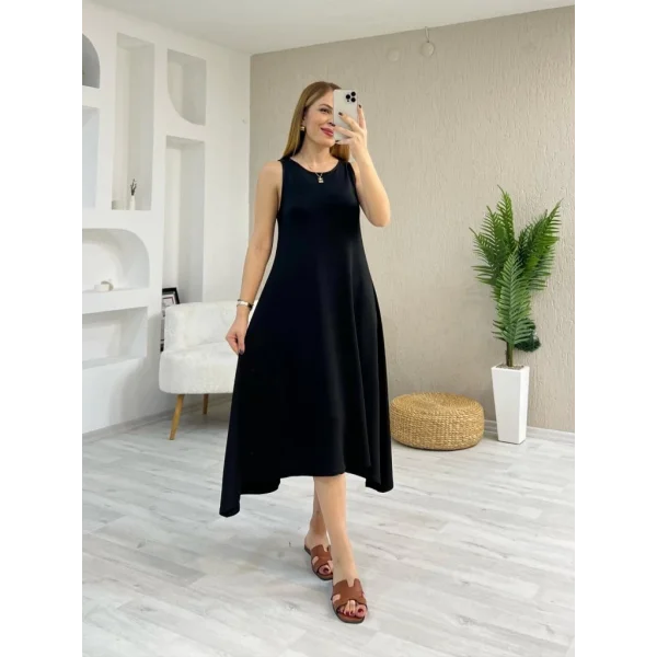 Kadın Askılı Yuvarlak Yakalı Asimetrik Kesim Detaylı Viskon Elbise