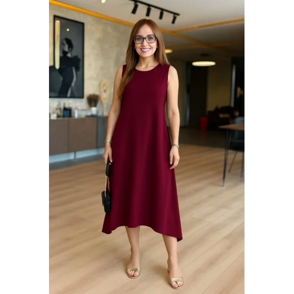 Kadın Askılı Yuvarlak Yakalı Asimetrik Kesim Detaylı Viskon Elbise