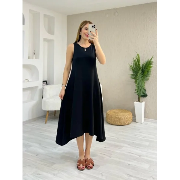 Kadın Askılı Yuvarlak Yakalı Asimetrik Kesim Detaylı Viskon Elbise