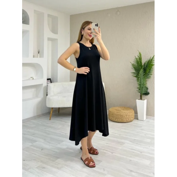 Kadın Askılı Yuvarlak Yakalı Asimetrik Kesim Detaylı Viskon Elbise
