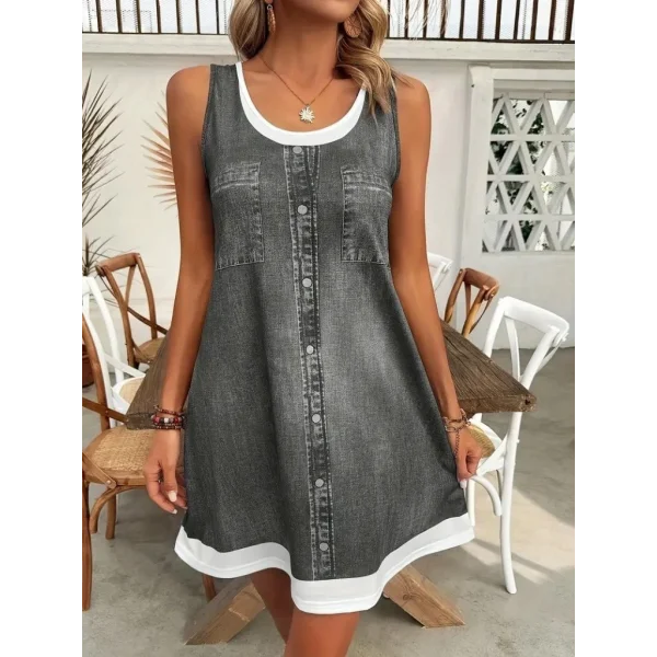 Kadın Askılı Yuvarlak Yakalı Kot Görünümlü Kısa Süprem Elbise