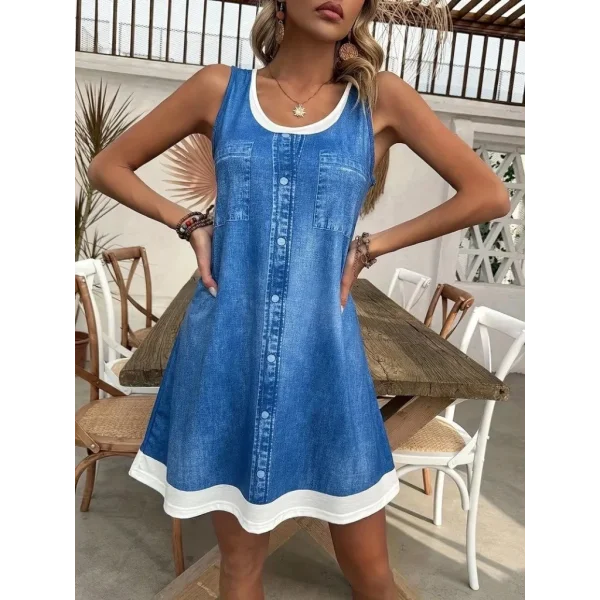 Kadın Askılı Yuvarlak Yakalı Kot Görünümlü Kısa Süprem Elbise