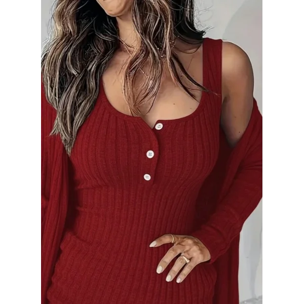 Kadın Askılı Yuvarlak Yakalı önü Düğmeli şardonlu Kaşkorse Mini Elbise Ve Kısa Ceket