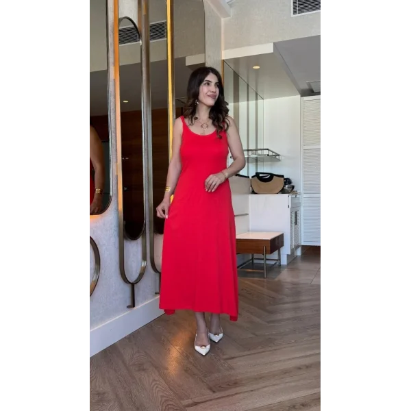 Kadın Askılı Yuvarlak Yakalı Viskon Elbise