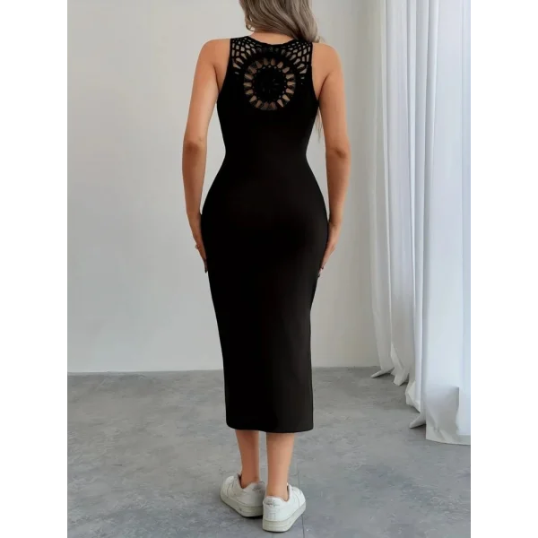 Kadın Askılı Yuvarlak Yakalı Yandan Yırtmaçlı Arkası Dantel Detaylı Viskon Elbise