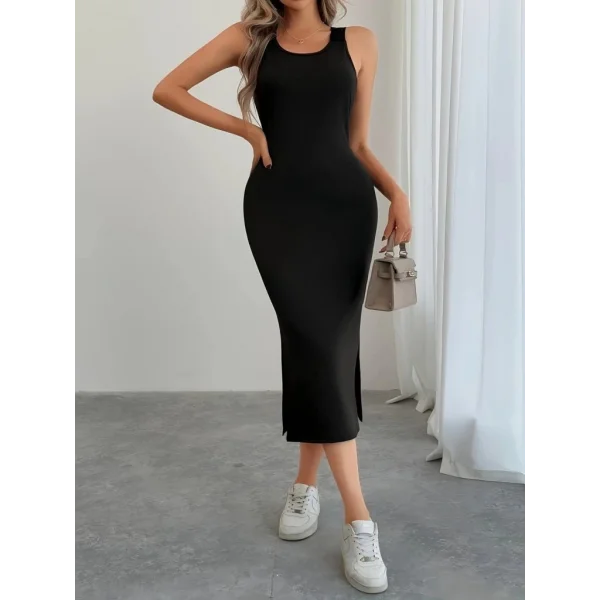 Kadın Askılı Yuvarlak Yakalı Yandan Yırtmaçlı Arkası Dantel Detaylı Viskon Elbise