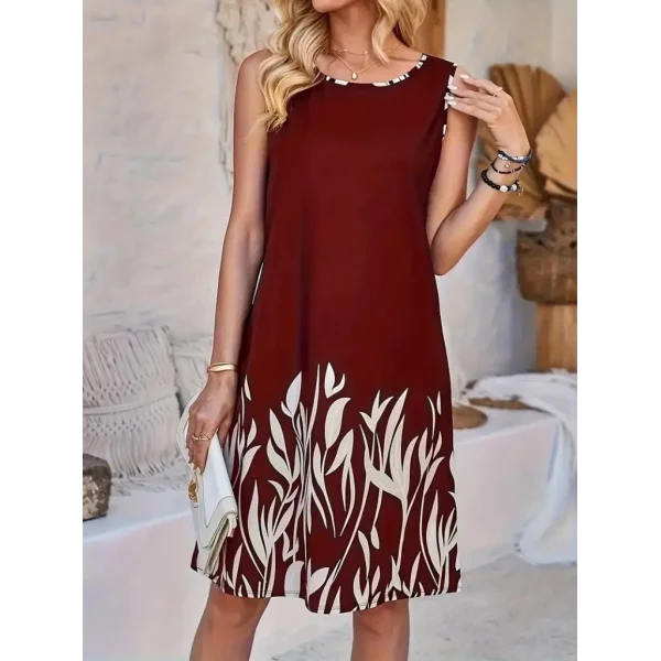 Kadın Askılı Yuvarlak Yakalı Yaprak Desenli Dalgıç Elbise