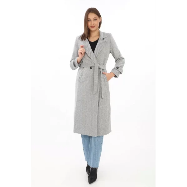 Kadın Astarlı Balık Sırtı Kaşmir Kaşe Kaban - Gri