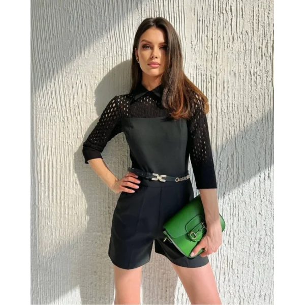 Kadın Atlas Kumaş Lazer Kesim Cep Detaylı Gömlek Yaka Tulum