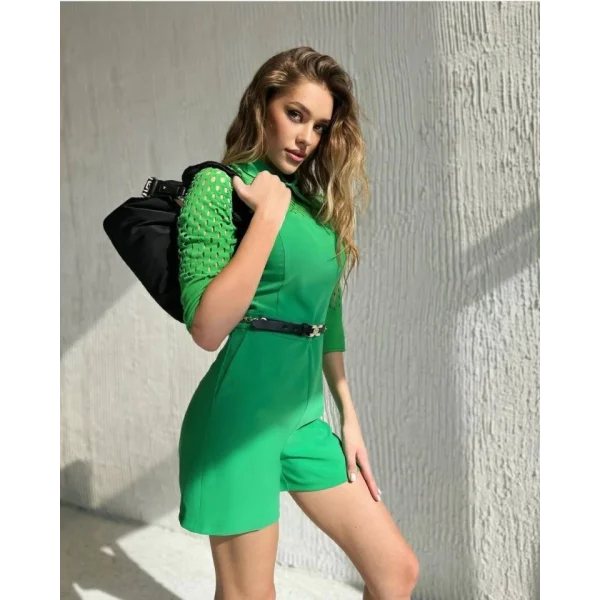 Kadın Atlas Kumaş Lazer Kesim Cep Detaylı Gömlek Yaka Tulum