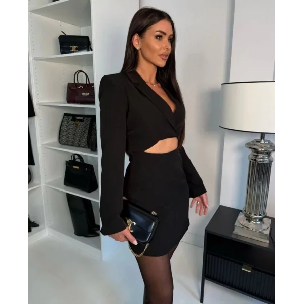 Kadın Atlas Kumaş Uzun Kollu V Yaka Blazer Kesim Göbek Dekolteli Mini Ceket Elbise