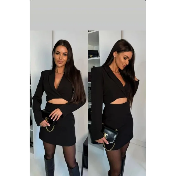 Kadın Atlas Kumaş Uzun Kollu V Yaka Blazer Kesim Göbek Dekolteli Mini Ceket Elbise