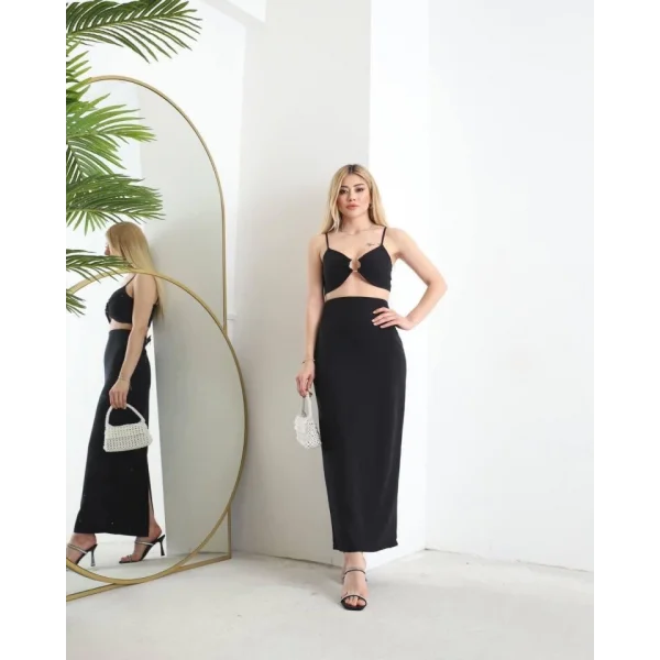 Kadın Atlas Kumaş Yırtmaçlı Etek Ve Tokalı Büstiyer Fırsat Ürün İkili Takım