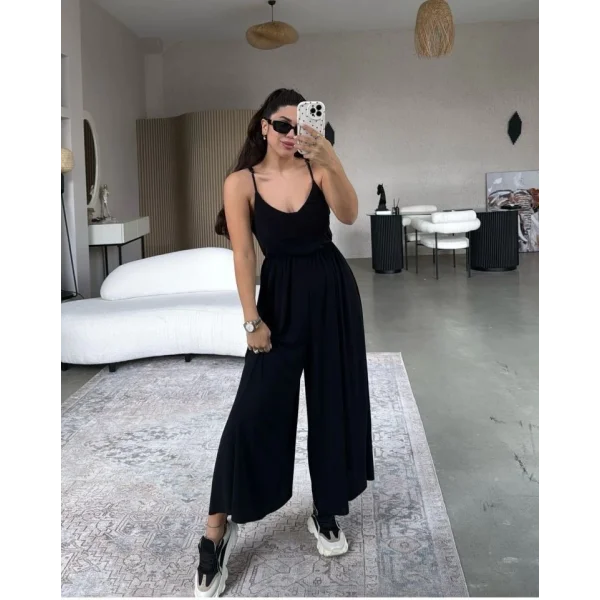 Kadın Ayarlı Çapraz İnce Askılı Bol Paça Rahat Kesim Tulum