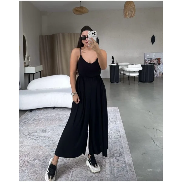 Kadın Ayarlı Çapraz İnce Askılı Bol Paça Rahat Kesim Tulum