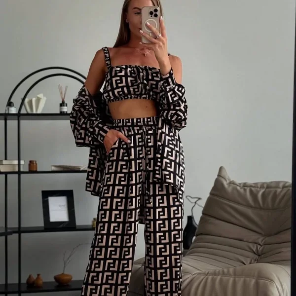 Kadın Bağcık Detaylı Dıjıtal Baskılı Dalgıç Kumaş 3;lü Takım