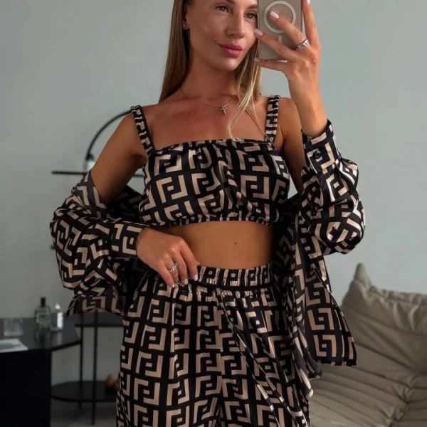 Kadın Bağcık Detaylı Dıjıtal Baskılı Dalgıç Kumaş 3;lü Takım