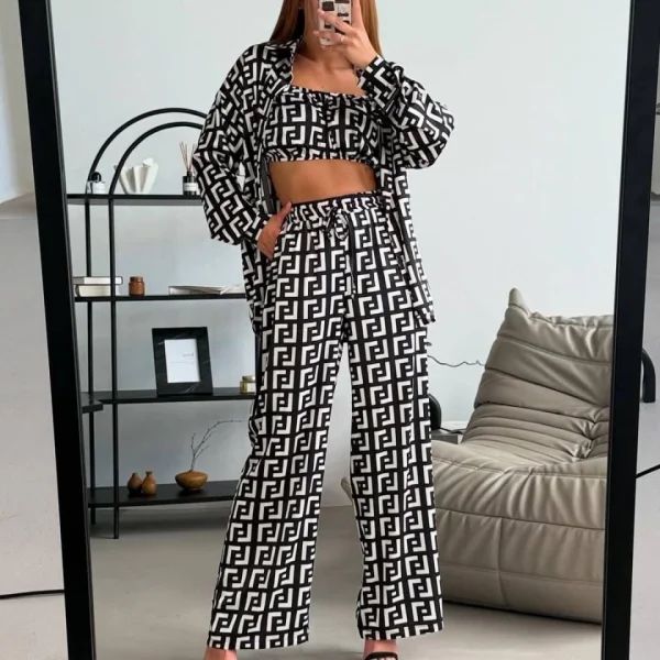 Kadın Bağcık Detaylı Dıjıtal Baskılı Dalgıç Kumaş 3;lü Takım