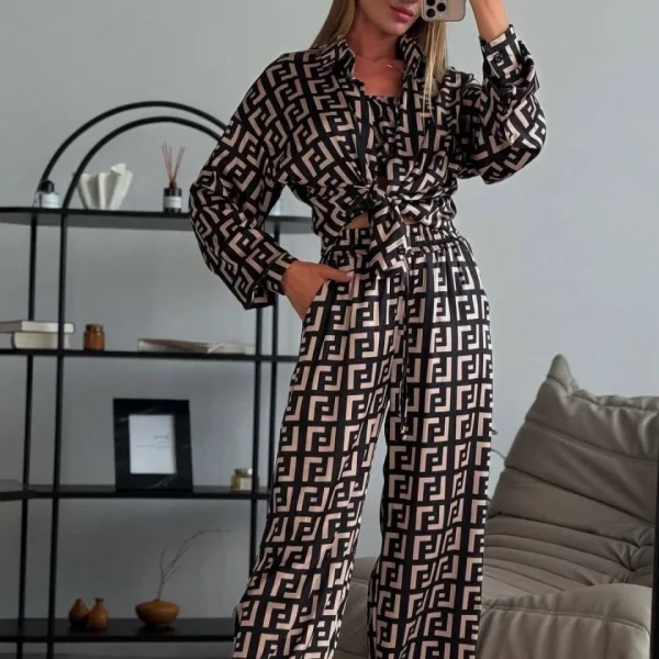 Kadın Bağcık Detaylı Dıjıtal Baskılı Dalgıç Kumaş 3;lü Takım