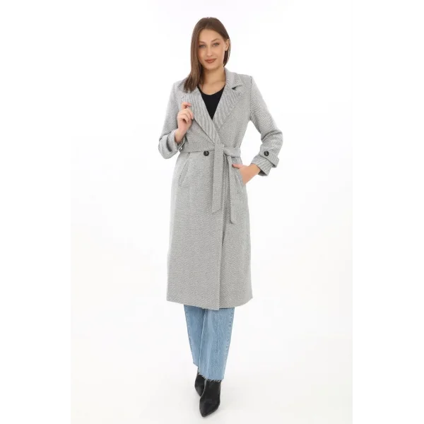 Kadın Balık Sırtı Kaşe Kaban – Uzun Boy Kruvaze Yaka Kuşaklı Astarlı Kışlık Tesettür Kaban, Yünlü Dokuma Kaşmir Kumaş, Cepli Rahat Oversize Kalıp Şık Modern Kaban Mont Modeli (Günlük ve Özel Gün Kombinlerine Uygun) - Gri