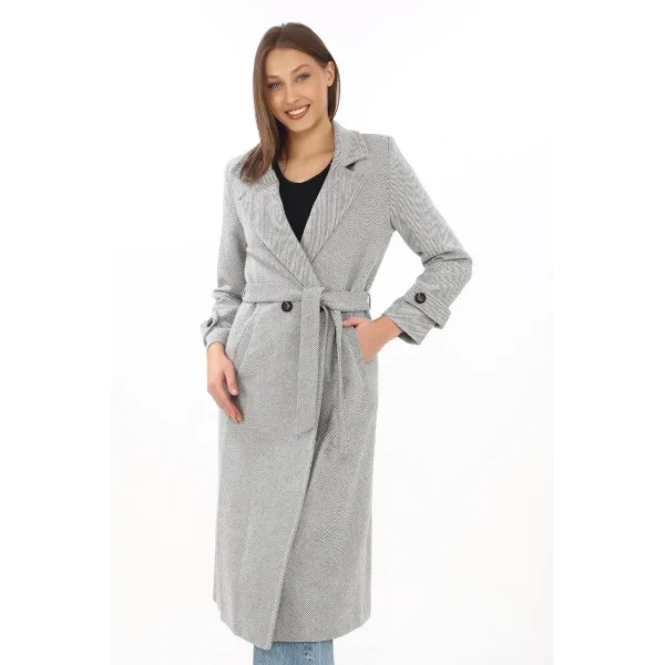 Kadın Balık Sırtı Kaşe Kaban – Uzun Boy Kruvaze Yaka Kuşaklı Astarlı Kışlık Tesettür Kaban, Yünlü Dokuma Kaşmir Kumaş, Cepli Rahat Oversize Kalıp Şık Modern Kaban Mont Modeli (Günlük ve Özel Gün Kombinlerine Uygun) - Gri