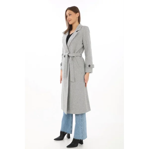 Kadın Balık Sırtı Kaşe Kaban – Uzun Boy Kruvaze Yaka Kuşaklı Astarlı Kışlık Tesettür Kaban, Yünlü Dokuma Kaşmir Kumaş, Cepli Rahat Oversize Kalıp Şık Modern Kaban Mont Modeli (Günlük ve Özel Gün Kombinlerine Uygun) - Gri