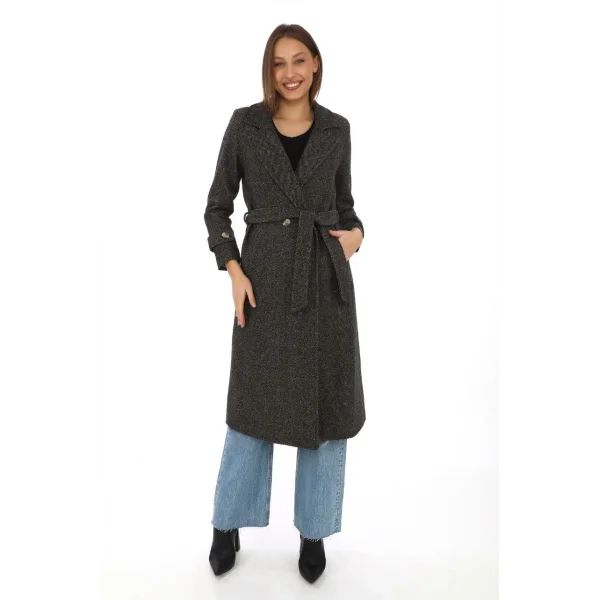 Kadın Balık Sırtı Kaşe Kaban – Uzun Boy Kruvaze Yaka Kuşaklı Astarlı Kışlık Tesettür Kaban, Yünlü Dokuma Kaşmir Kumaş, Cepli Rahat Oversize Kalıp Şık Modern Kaban Mont Modeli (Günlük ve Özel Gün Kombinlerine Uygun) - Kahverengi