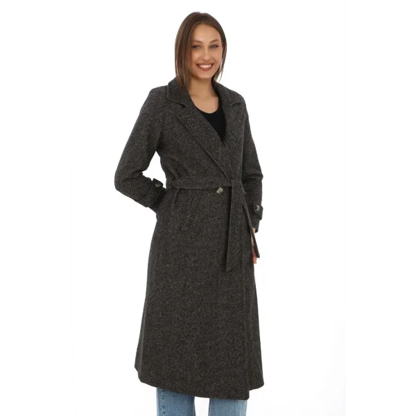 Kadın Balık Sırtı Kaşe Kaban – Uzun Boy Kruvaze Yaka Kuşaklı Astarlı Kışlık Tesettür Kaban, Yünlü Dokuma Kaşmir Kumaş, Cepli Rahat Oversize Kalıp Şık Modern Kaban Mont Modeli (Günlük ve Özel Gün Kombinlerine Uygun) - Kahverengi