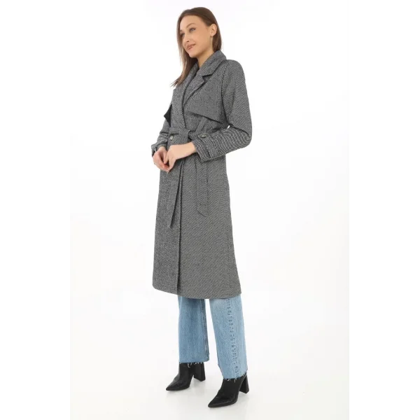 Kadın Balık Sırtı Kaşmir Uzun Kaşe Kaban - Füme