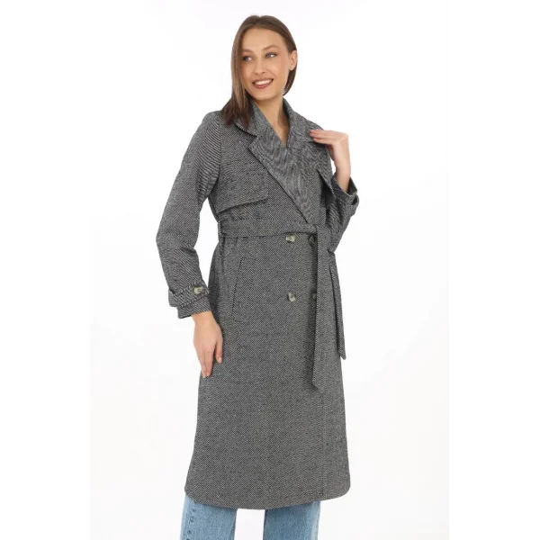 Kadın Balık Sırtı Kaşmir Uzun Kaşe Kaban - Füme