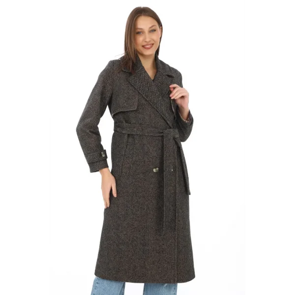 Kadın Balık Sırtı Yünlü Dokuma Kaşe Kaban – Kruvaze Yaka, Kuşaklı, Cepli, Astarlı Uzun Boy Tesettür Şık Kışlık Kaşe Kaban Modeli - Kahverengi