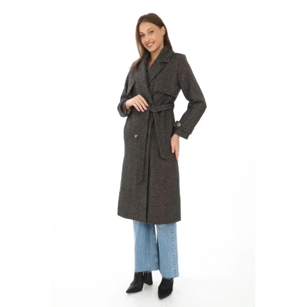 Kadın Balık Sırtı Yünlü Dokuma Kaşe Kaban – Kruvaze Yaka, Kuşaklı, Cepli, Astarlı Uzun Boy Tesettür Şık Kışlık Kaşe Kaban Modeli - Kahverengi