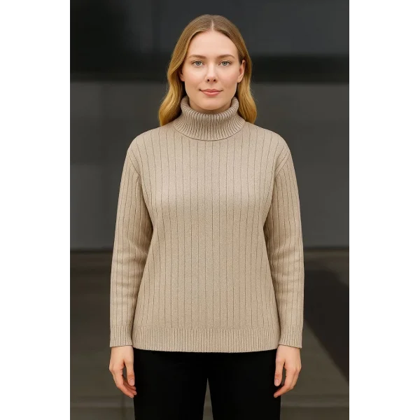 Kadın Balıkcı Yaka Bağazlı Triko Kazak Pamuklu Kalın Fitilli Dokuma - Bej