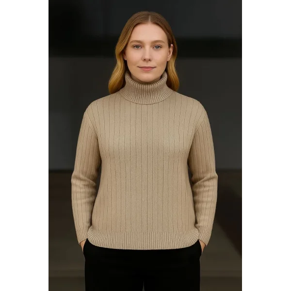 Kadın Balıkcı Yaka Bağazlı Triko Kazak Pamuklu Kalın Fitilli Dokuma - Bej