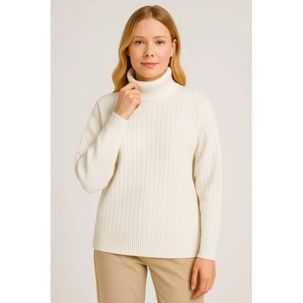 Kadın Balıkcı Yaka Bağazlı Triko Kazak Pamuklu Kalın Fitilli Dokuma - Beyaz