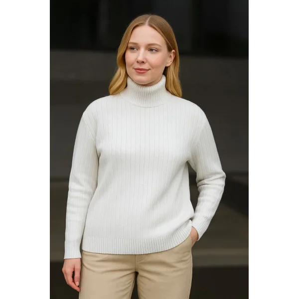 Kadın Balıkcı Yaka Bağazlı Triko Kazak Pamuklu Kalın Fitilli Dokuma - Beyaz