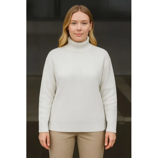 Kadın Balıkcı Yaka Bağazlı Triko Kazak Pamuklu Kalın Fitilli Dokuma - Beyaz