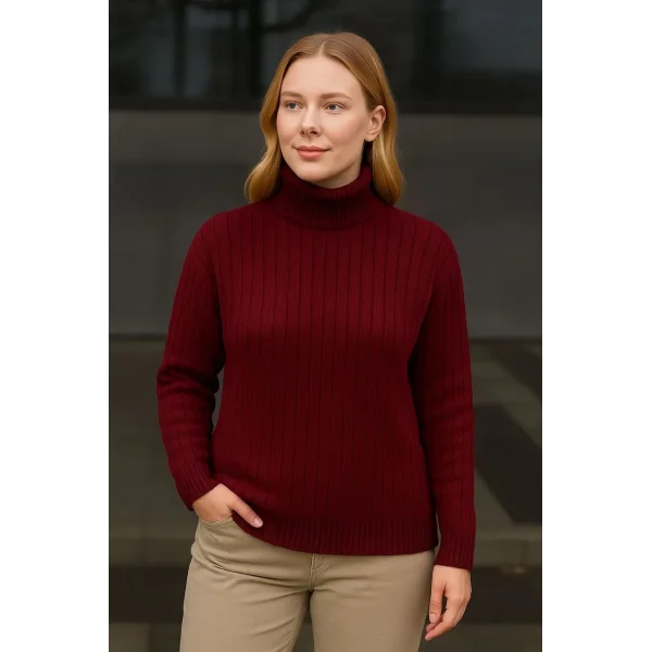 Kadın Balıkcı Yaka Bağazlı Triko Kazak Pamuklu Kalın Fitilli Dokuma - Bordo