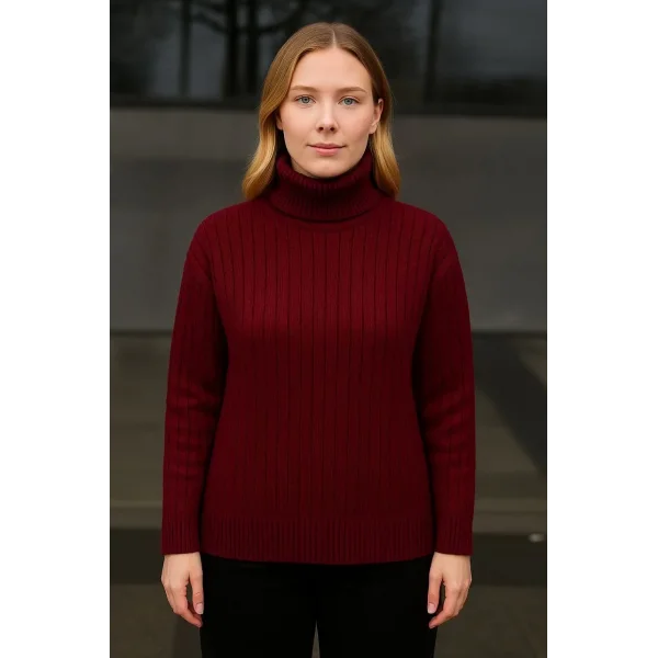 Kadın Balıkcı Yaka Bağazlı Triko Kazak Pamuklu Kalın Fitilli Dokuma - Bordo